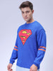 Men's Blue Relaxed Fit Superman Printed Crew Neck Jacquard Sweater