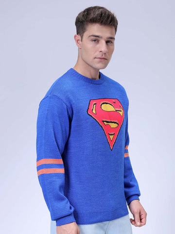 Men's Blue Relaxed Fit Superman Printed Crew Neck Jacquard Sweater