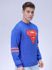 Men's Blue Relaxed Fit Superman Printed Crew Neck Jacquard Sweater
