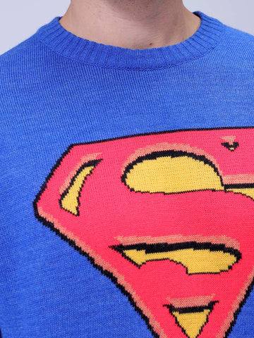 Men's Blue Relaxed Fit Superman Printed Crew Neck Jacquard Sweater