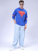 Men's Blue Relaxed Fit Superman Printed Crew Neck Jacquard Sweater