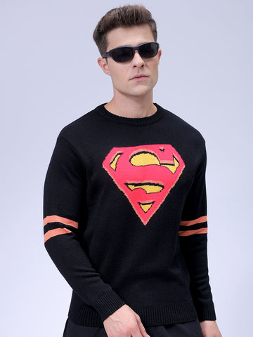 Men's Black Relaxed Fit Character Printed Crew Neck Jacquard  Sweater