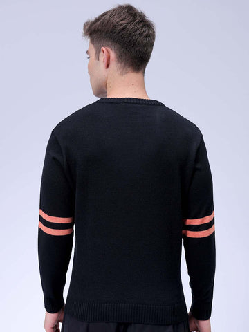 Men's Black Relaxed Fit Character Printed Crew Neck Jacquard  Sweater