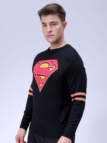 Men's Black Relaxed Fit Character Printed Crew Neck Jacquard  Sweater