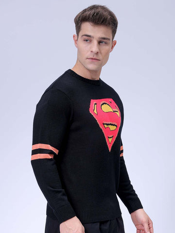 Men's Black Relaxed Fit Character Printed Crew Neck Jacquard  Sweater
