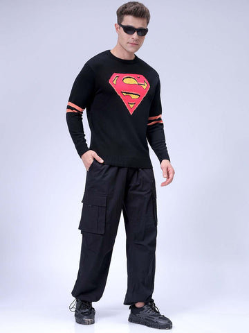 Men's Black Relaxed Fit Character Printed Crew Neck Jacquard  Sweater