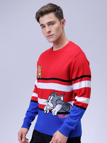 Men's Red Relaxed Fit Tom & Jerry Printed Crew Neck Sweater