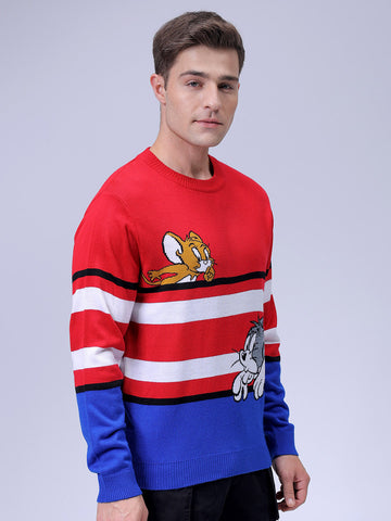 Men's Red Relaxed Fit Tom & Jerry Printed Crew Neck Sweater