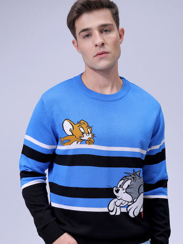 Men's Blue Relaxed Fit Tom Jerry Printed Crew Neck Sweater – TIGC