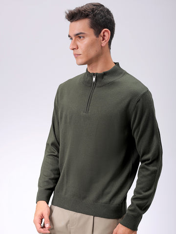 Men's Olive Relaxed Fit Solid High Neck Sweater