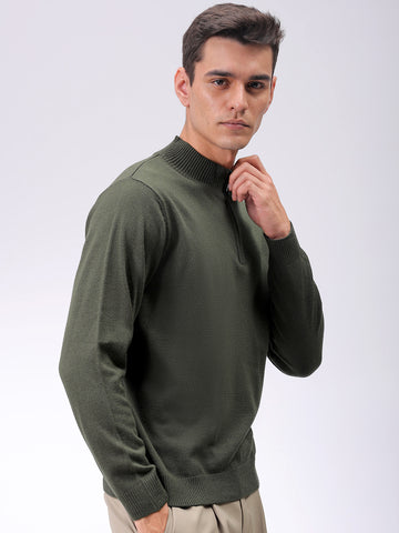 Men's Olive Relaxed Fit Solid High Neck Sweater