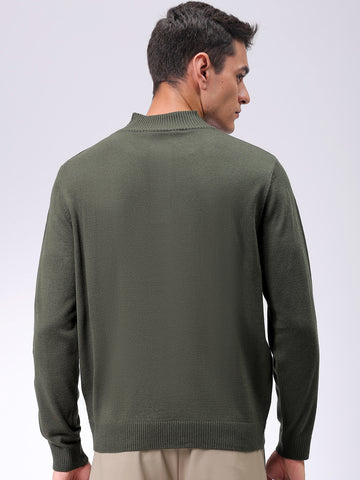 Men's Olive Relaxed Fit Solid High Neck Sweater