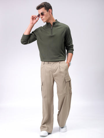 Men's Olive Relaxed Fit Solid High Neck Sweater