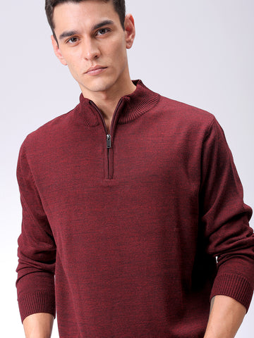 Men's Maroon Relaxed Fit Solid High Neck Sweater