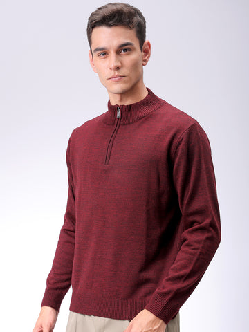 Men's Maroon Relaxed Fit Solid High Neck Sweater