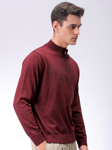 Men's Maroon Relaxed Fit Solid High Neck Sweater