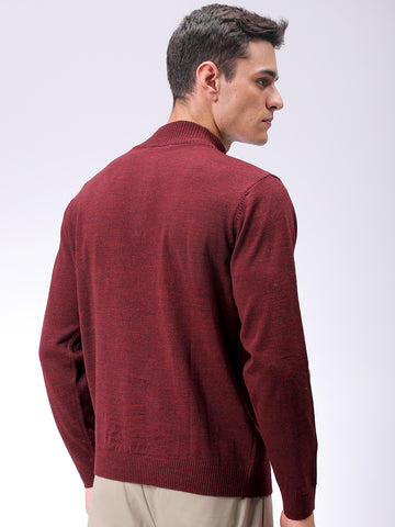Men's Maroon Relaxed Fit Solid High Neck Sweater