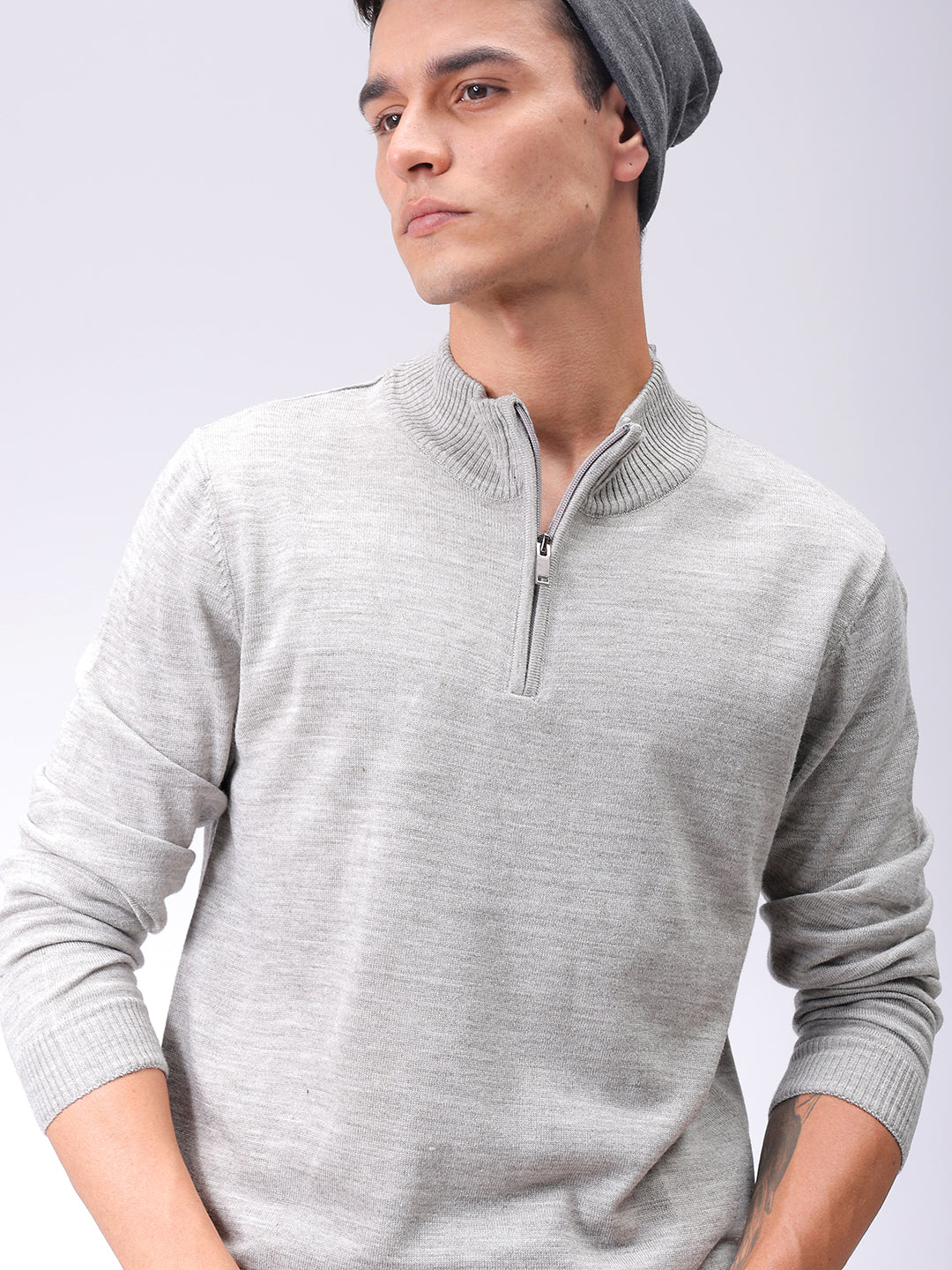 Men's Grey Relaxed Fit Solid High Neck Sweater