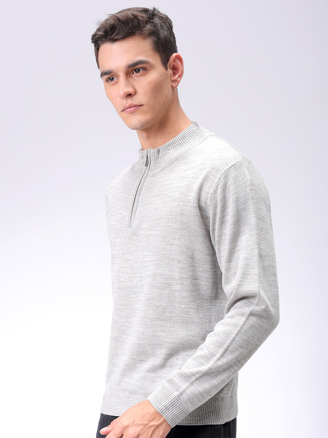 Men's Grey Relaxed Fit Solid High Neck Sweater