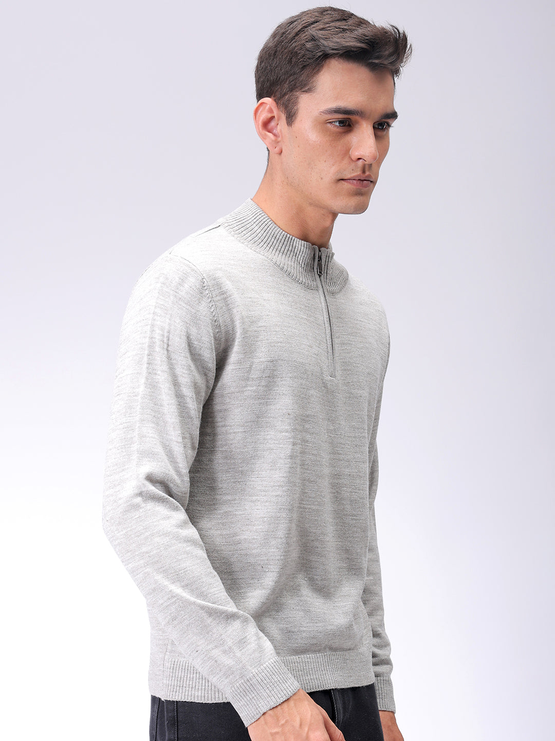 Men's Grey Relaxed Fit Solid High Neck Sweater