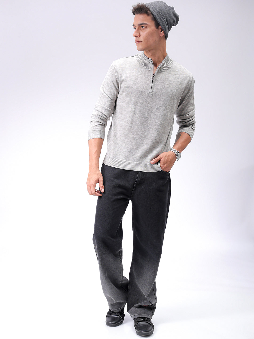 Men's Grey Relaxed Fit Solid High Neck Sweater