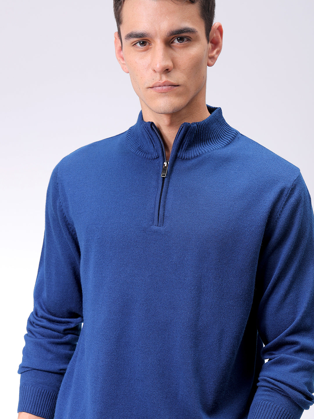Men's Navy Blue Relaxed Fit Solid High Neck Sweater