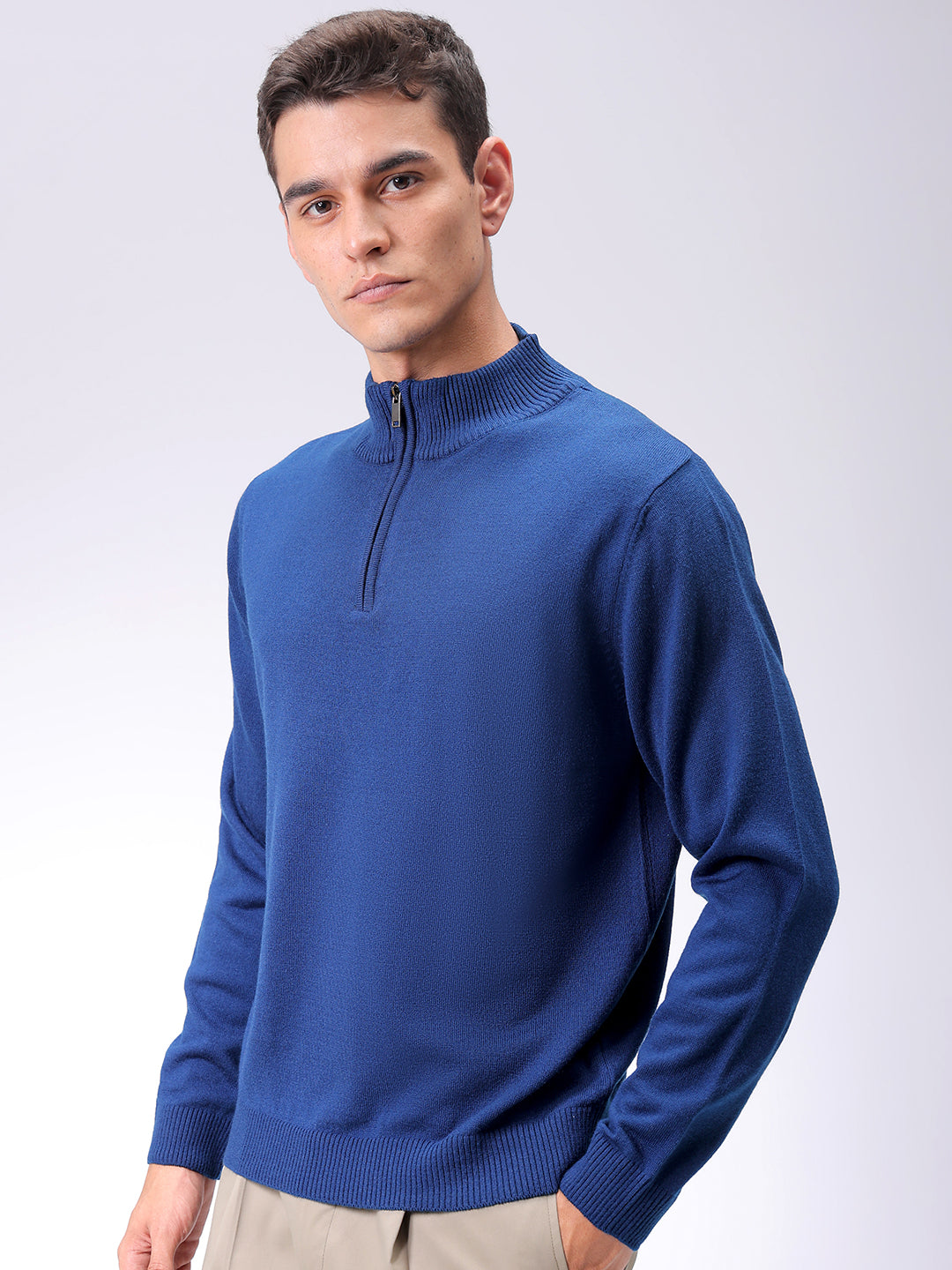 Men's Navy Blue Relaxed Fit Solid High Neck Sweater