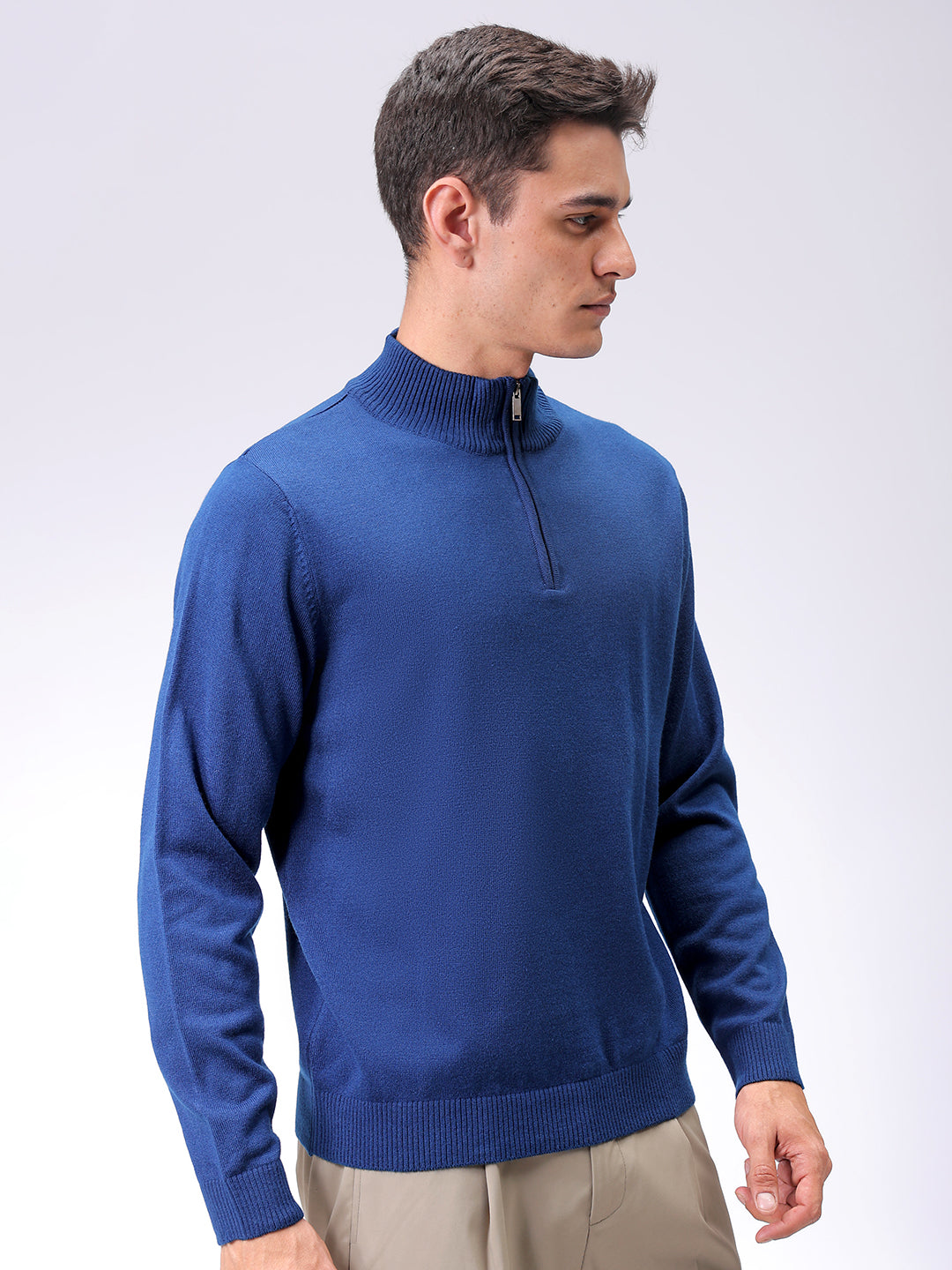 Men's Navy Blue Relaxed Fit Solid High Neck Sweater