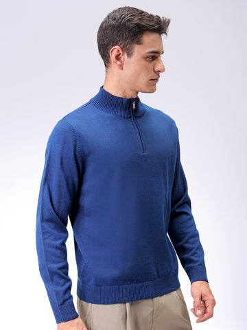 Men's Navy Blue Relaxed Fit Solid High Neck Sweater