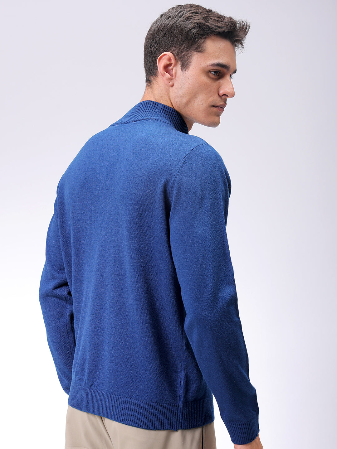 Men's Navy Blue Relaxed Fit Solid High Neck Sweater