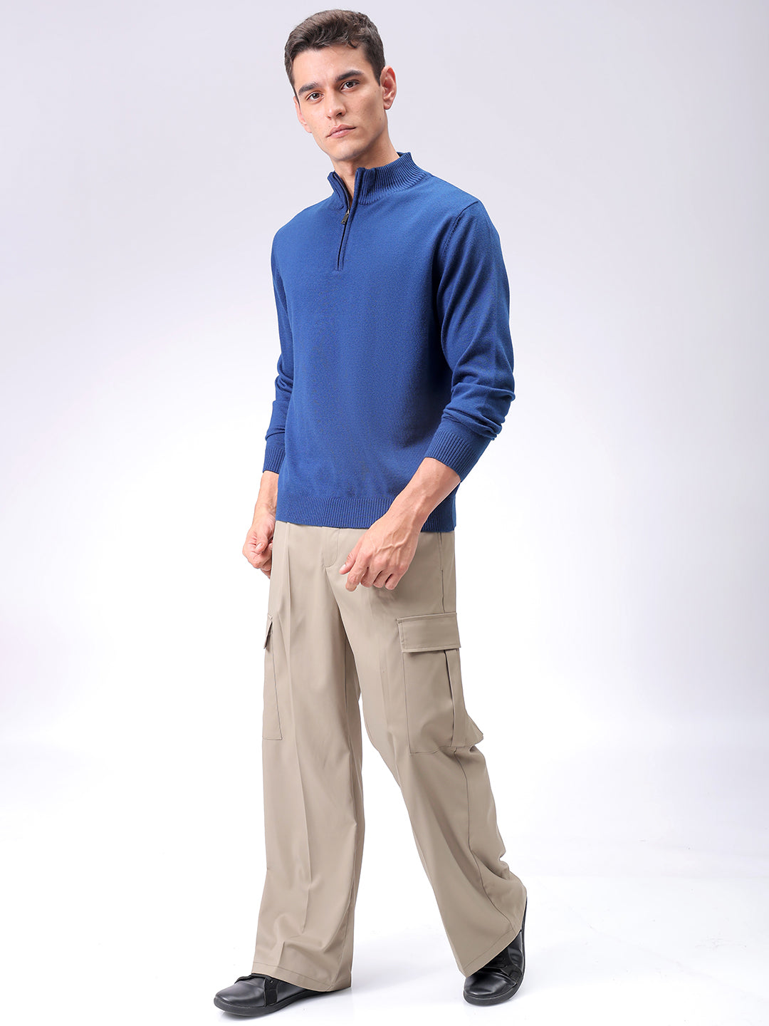 Men's Navy Blue Relaxed Fit Solid High Neck Sweater