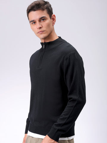 Men's Black Relaxed Fit Solid High Neck Sweater