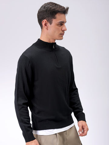 Men's Black Relaxed Fit Solid High Neck Sweater
