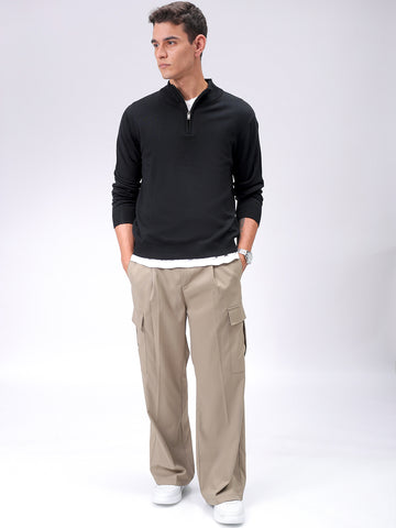 Men's Black Relaxed Fit Solid High Neck Sweater