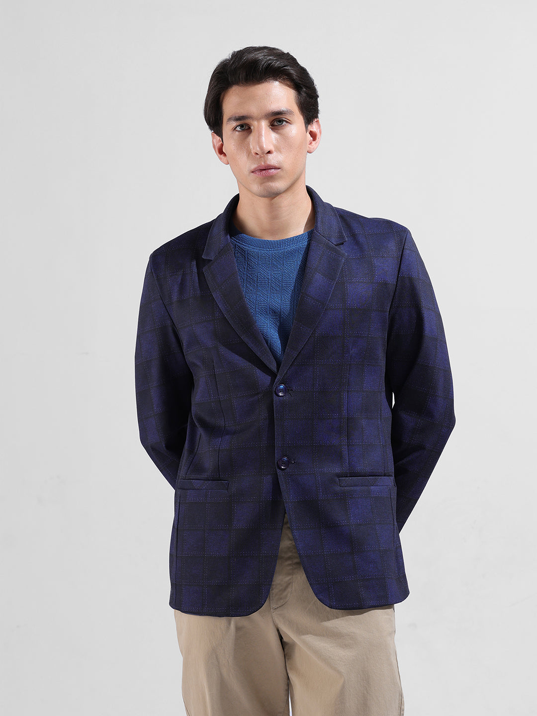 Men's Blue Regular Fit Checked Casual Blazer