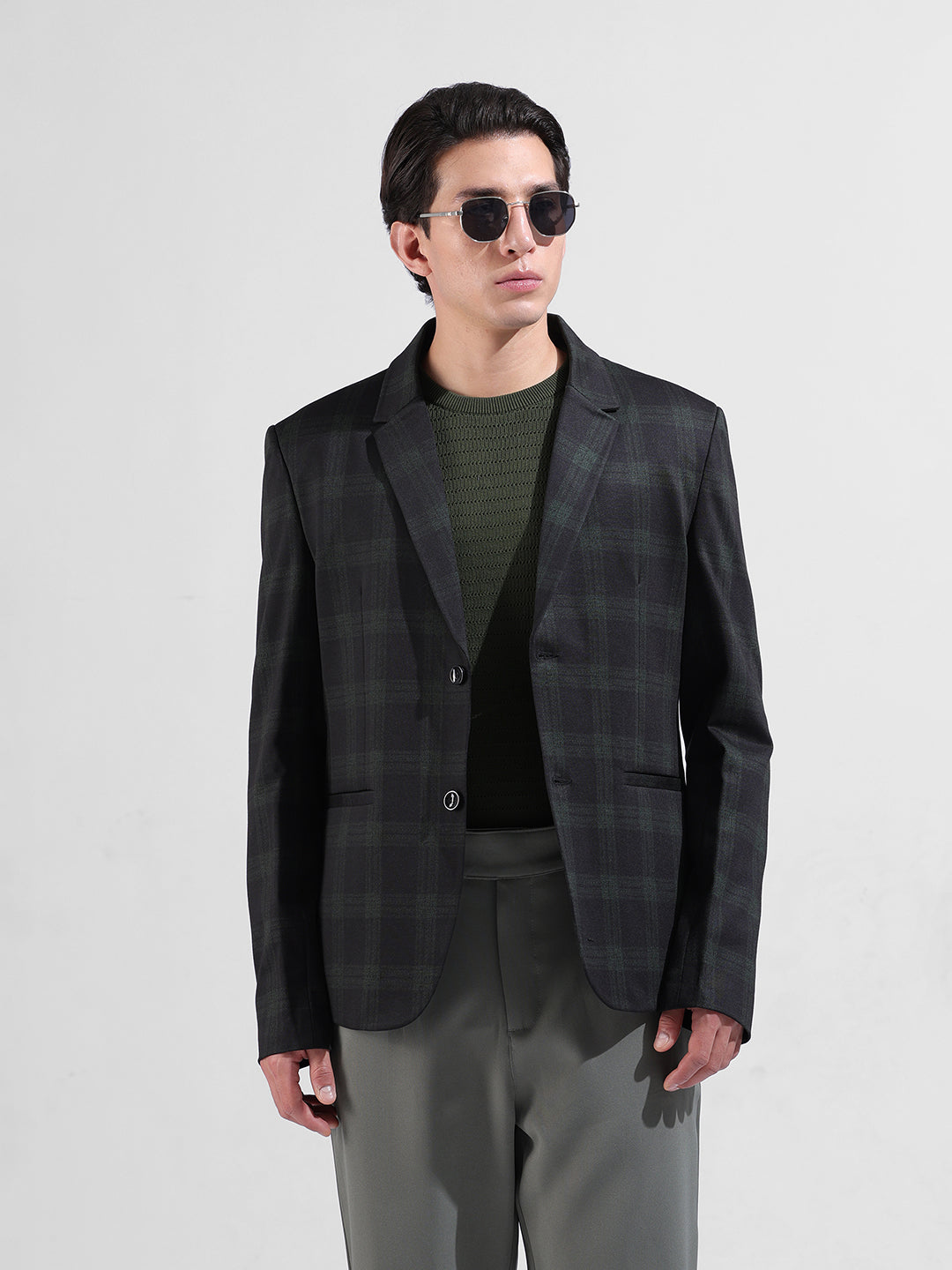 Men's Black Regular Fit Checked Casual Blazer