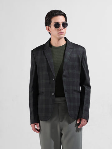 Men's Black Regular Fit Checked Casual Blazer