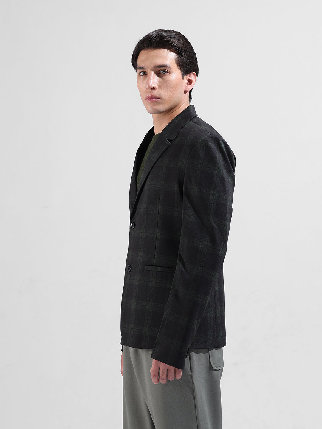 Men's Black Regular Fit Checked Casual Blazer