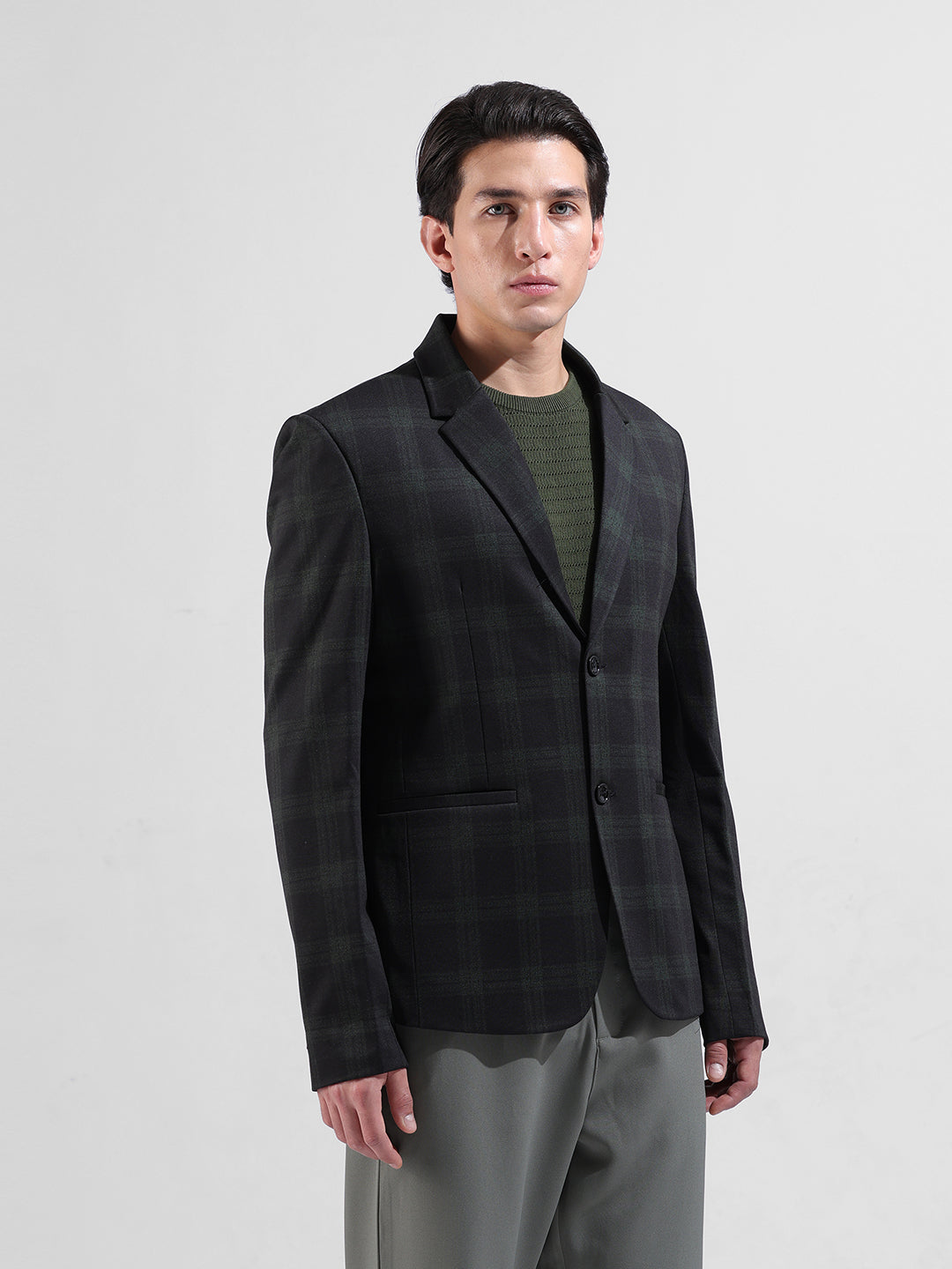 Men's Black Regular Fit Checked Casual Blazer