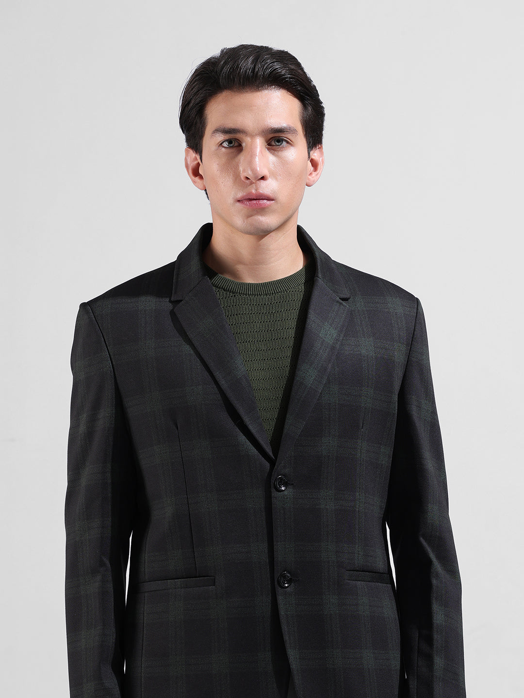 Men's Black Regular Fit Checked Casual Blazer