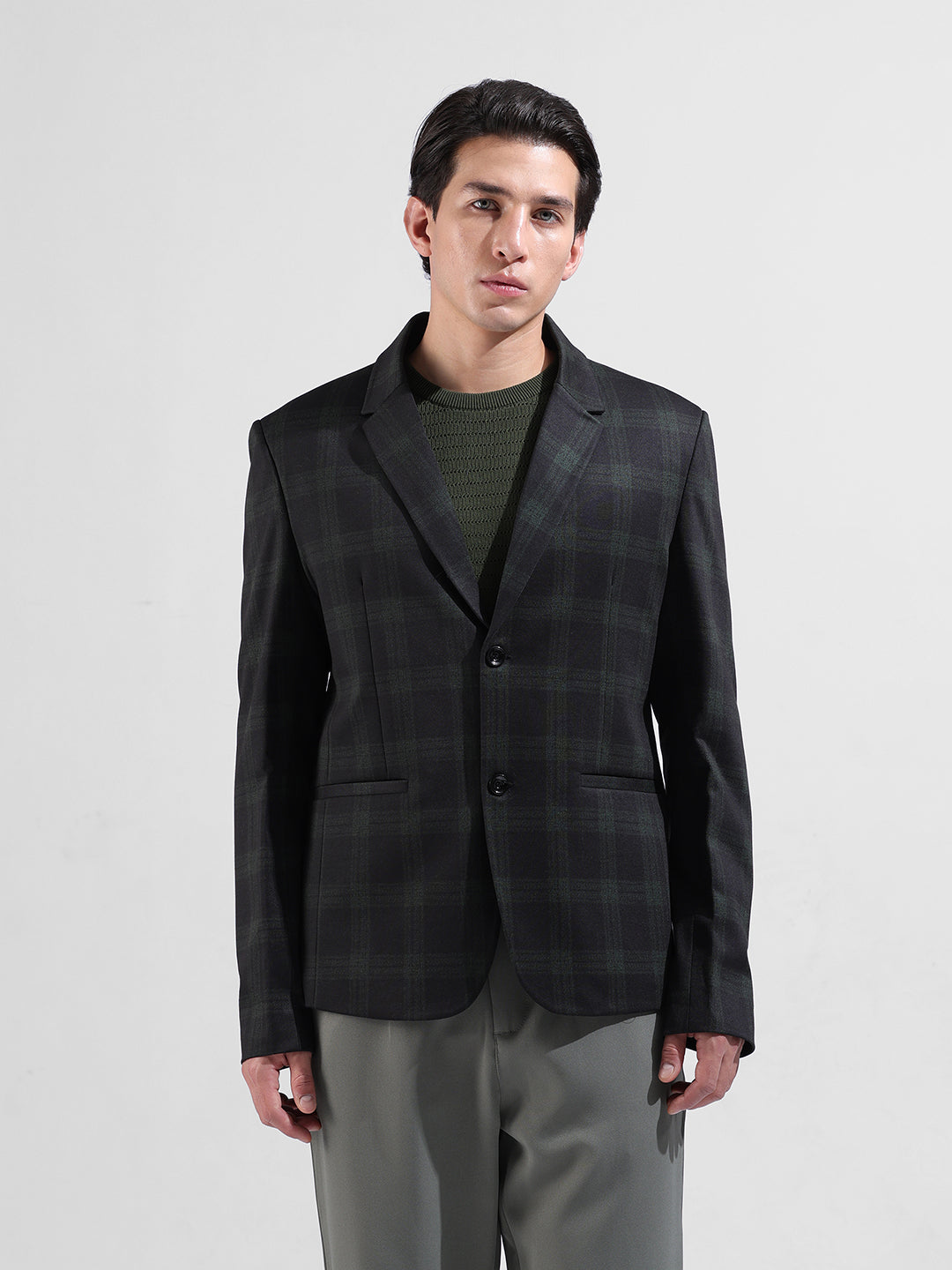 Men's Black Regular Fit Checked Casual Blazer