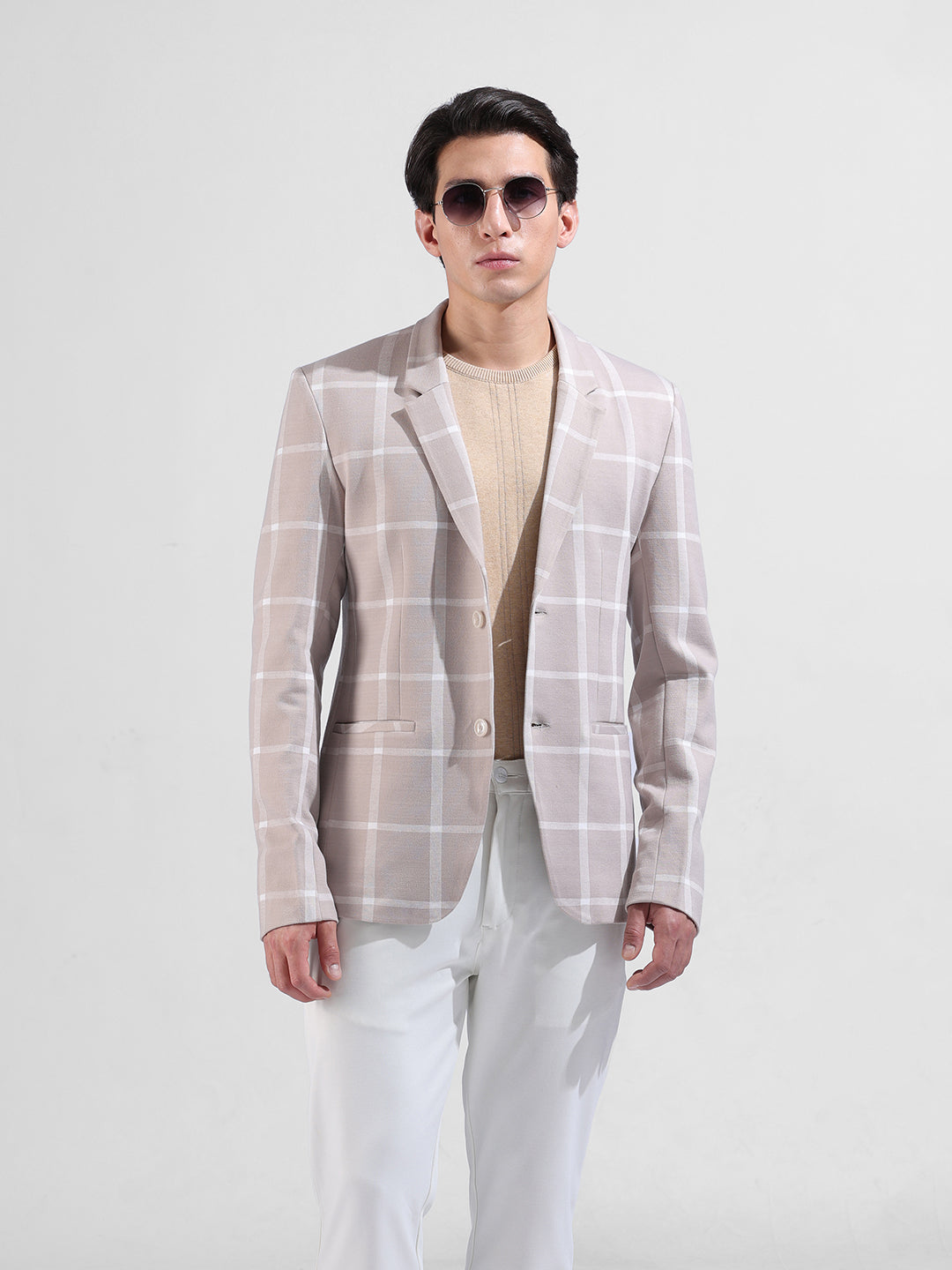 Men's Beige Regular Fit Checked Casual Blazer