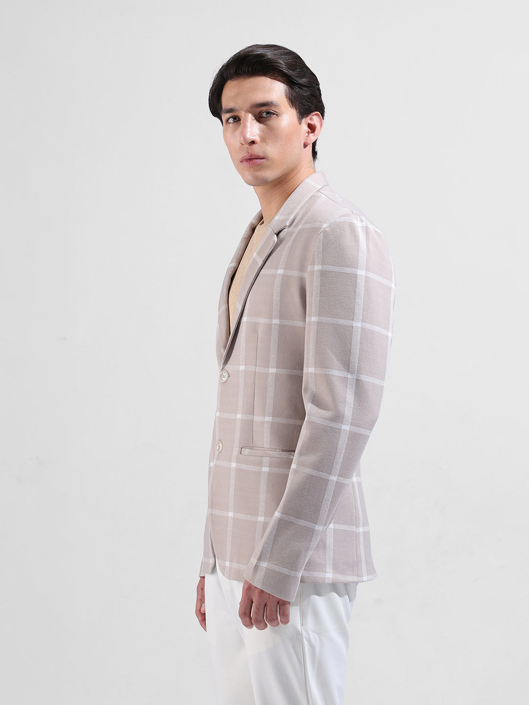 Men's Beige Regular Fit Checked Casual Blazer