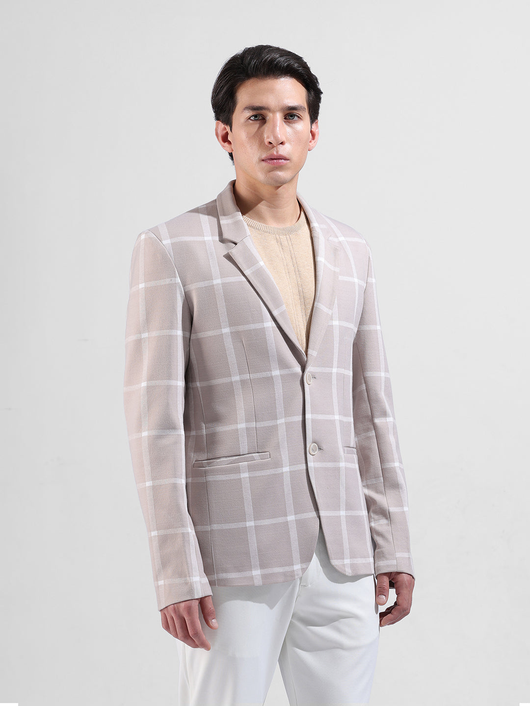 Men's Beige Regular Fit Checked Casual Blazer
