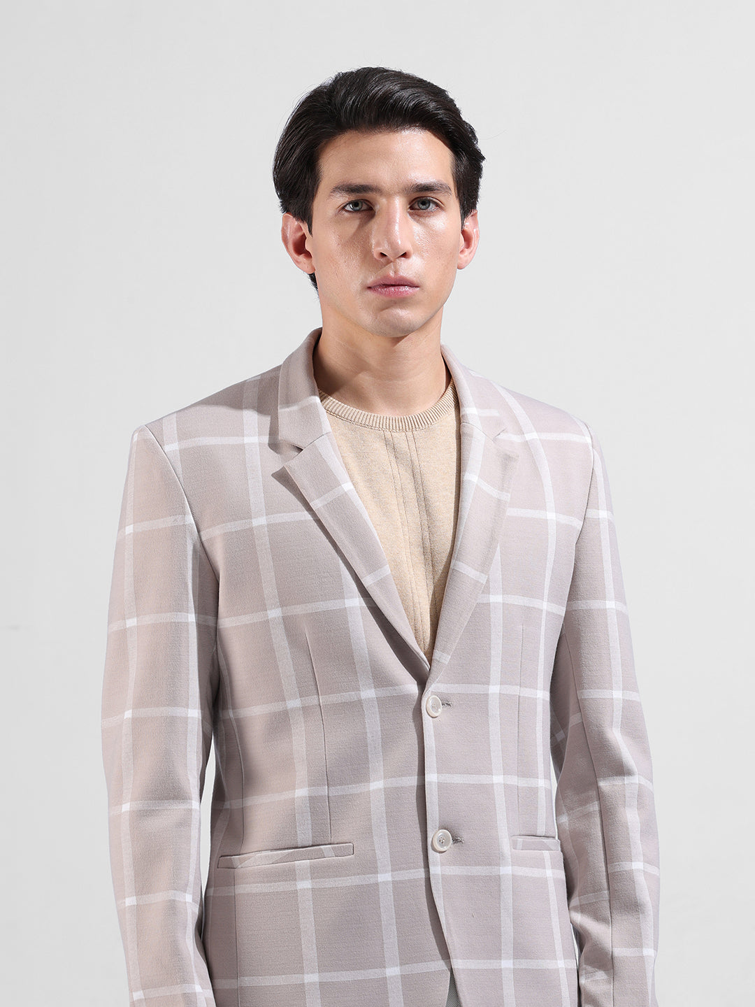 Men's Beige Regular Fit Checked Casual Blazer