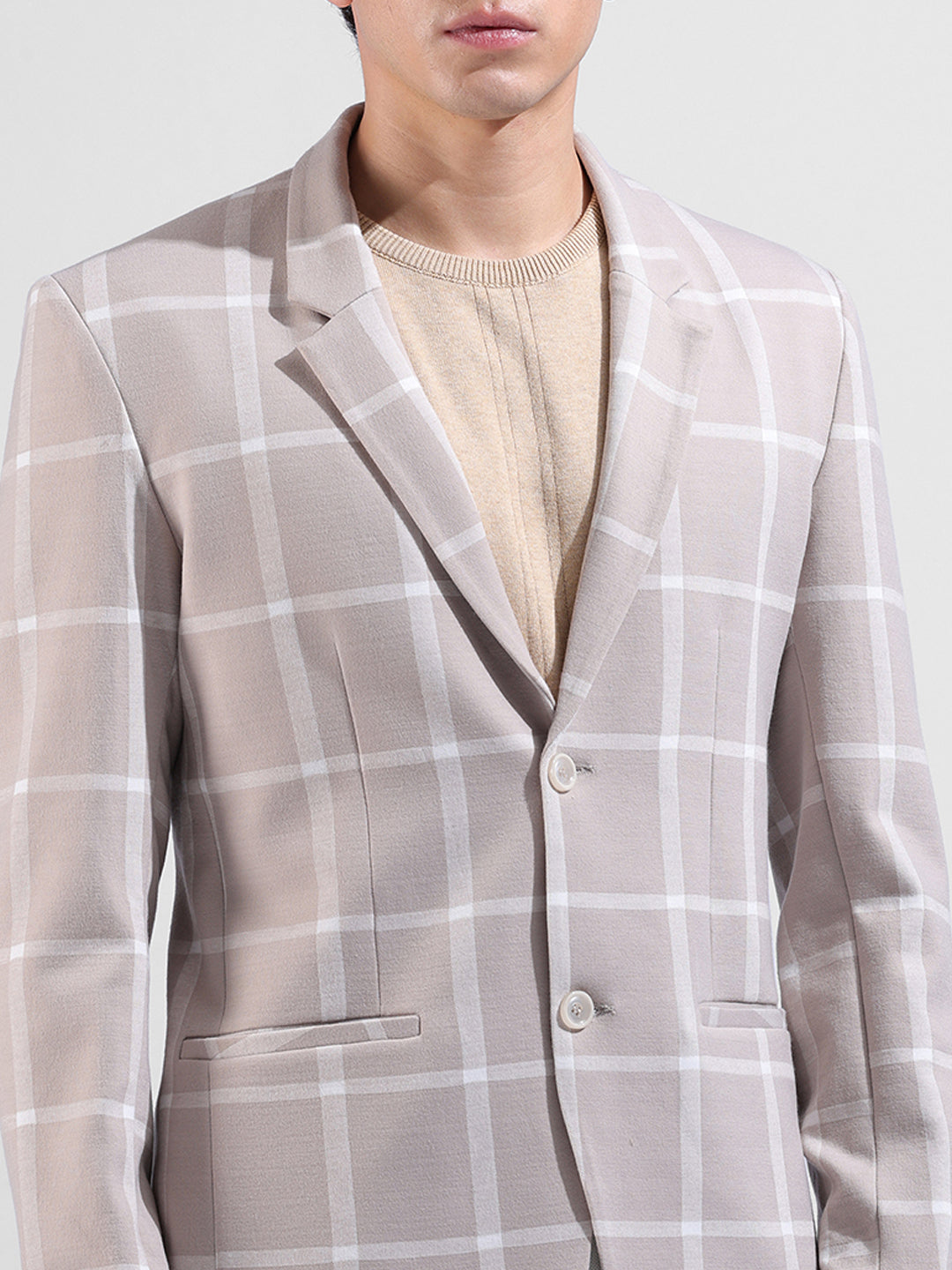 Men's Beige Regular Fit Checked Casual Blazer