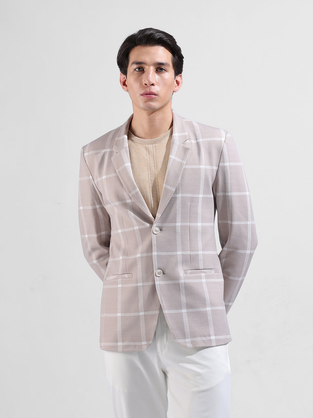 Men's Beige Regular Fit Checked Casual Blazer