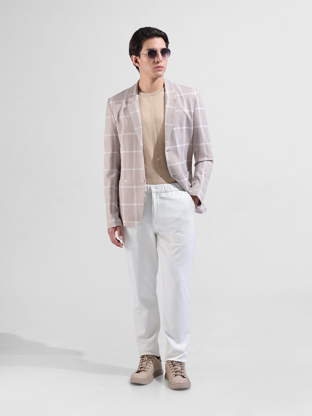 Men's Beige Regular Fit Checked Casual Blazer