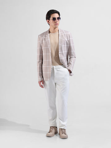 Men's Beige Regular Fit Checked Casual Blazer