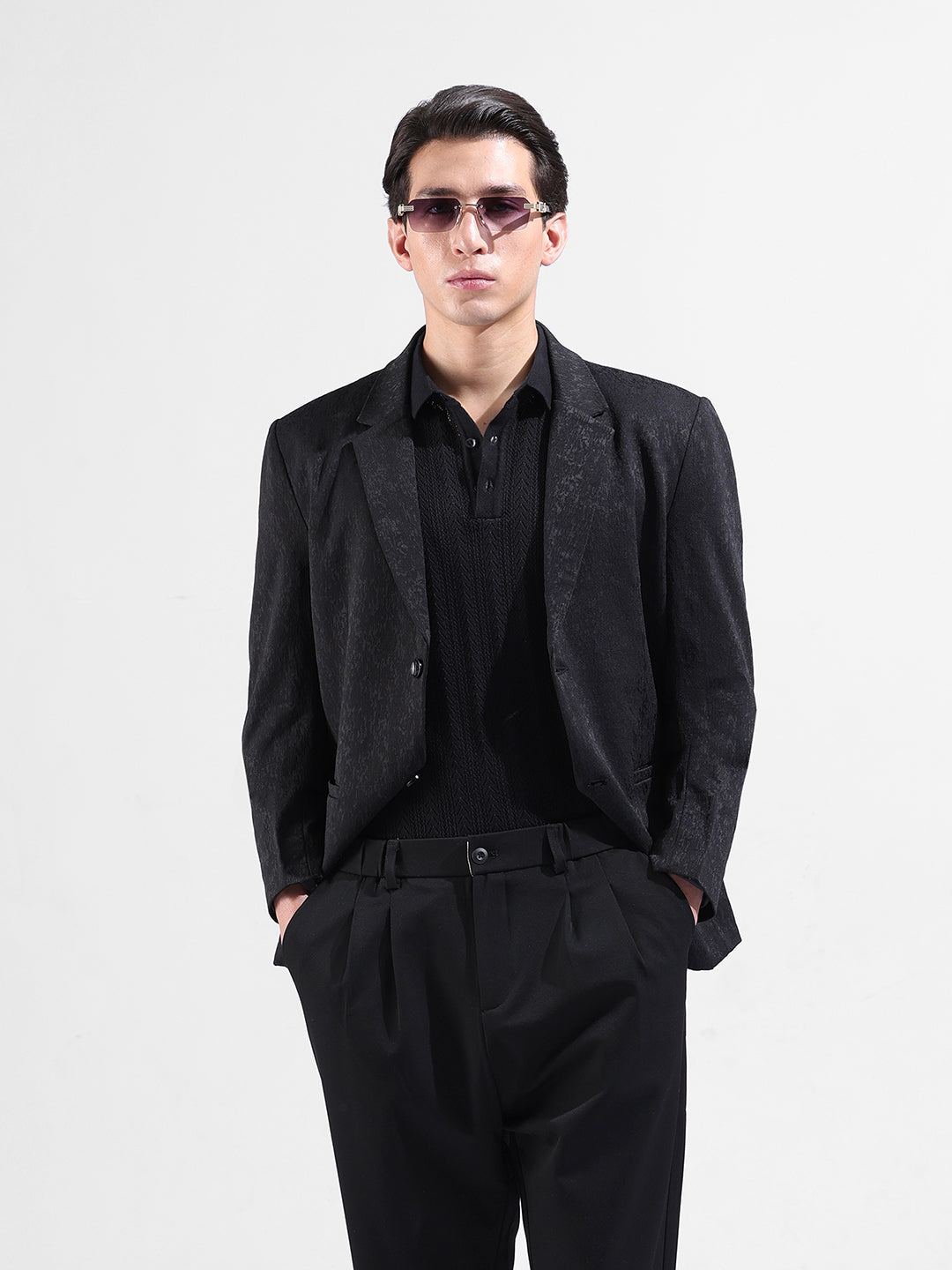 Men's Black Regular Fit Printed Casual Blazer